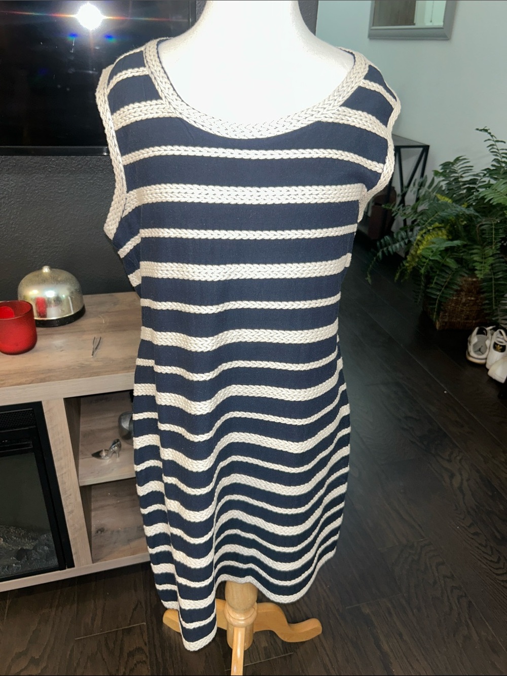 Max Studio Navy and Cream Striped Sleeveless Knit Midi Dress